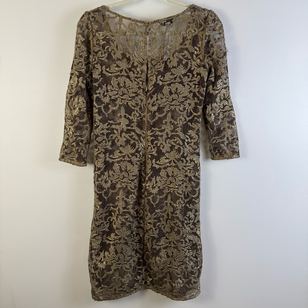 Kay Unger Lace Overlay Metallic Gold Sheath Dress Sheer Party Date Event Sz 4 - Picture 6 of 13
